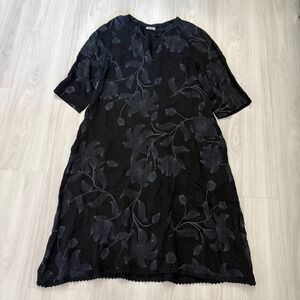 Puro Lino Women Dress Made in Italy Black Floral Linen Tunic Split Neck Trim L
